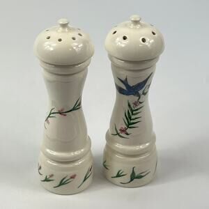 Decorative Floral Salt and Pepper Shakers Tall Cream Ceramic Bird Flower 6.5"